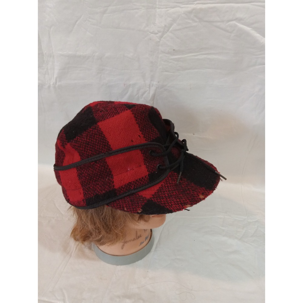 Vintage Red Black Buffalo Plaid Wool Hunting Cap Hat Ear Flaps USA Made 7 1/2